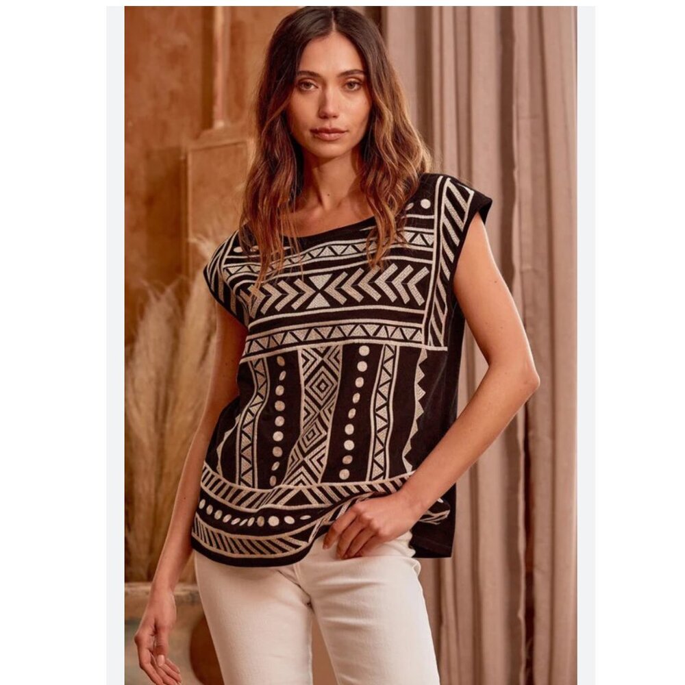 Savanna Jane Embroidered Aztec Top Black Blouse Boho Chic Medium - Picture 3 of 13